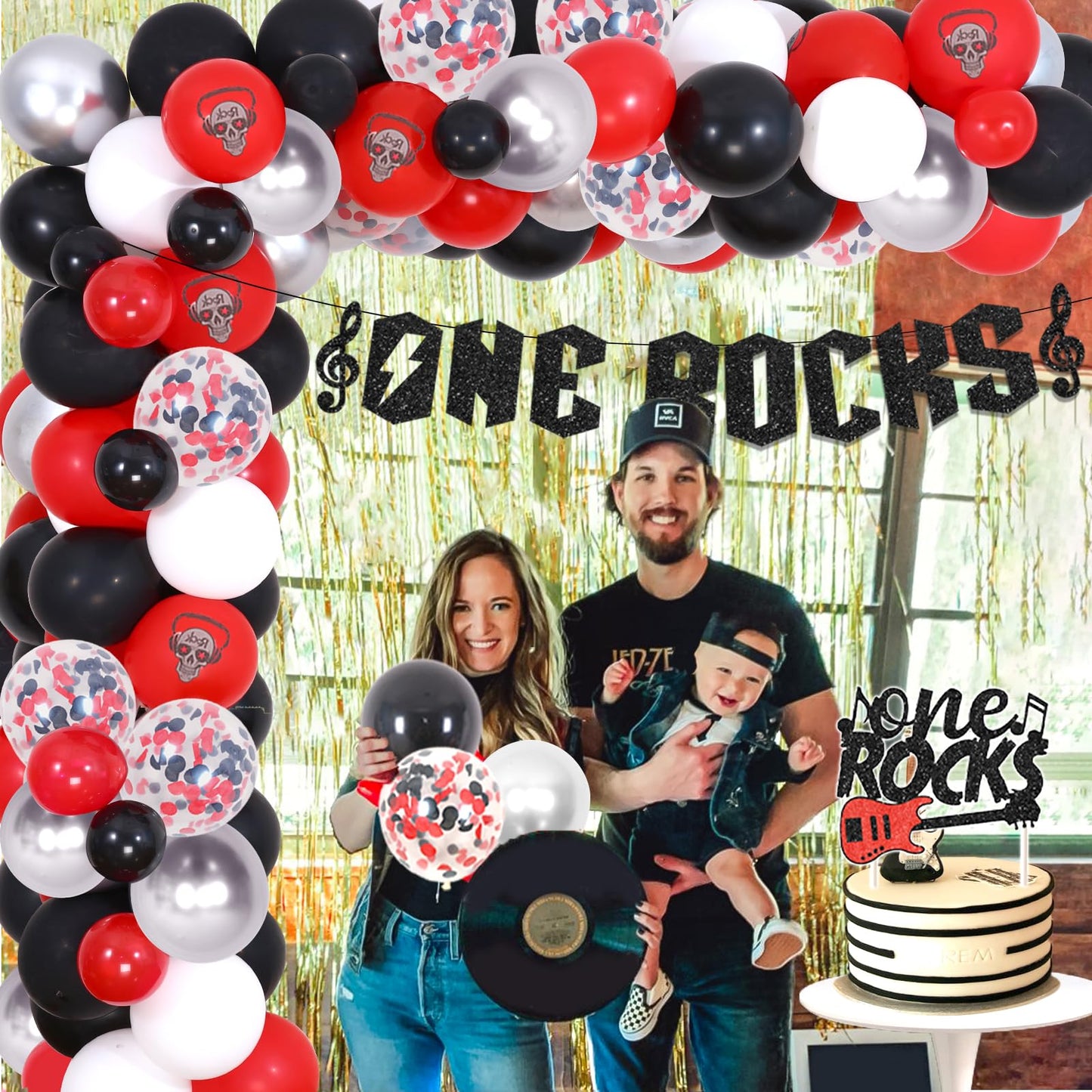 Fangleland Red Black One Rocks 1st Birthday Decorations, Rock and Roll First Bday Balloon Garland Arch Kit, Born to Rock Photo Highchair Banner, Music Themed Cake Topper Party Supplies