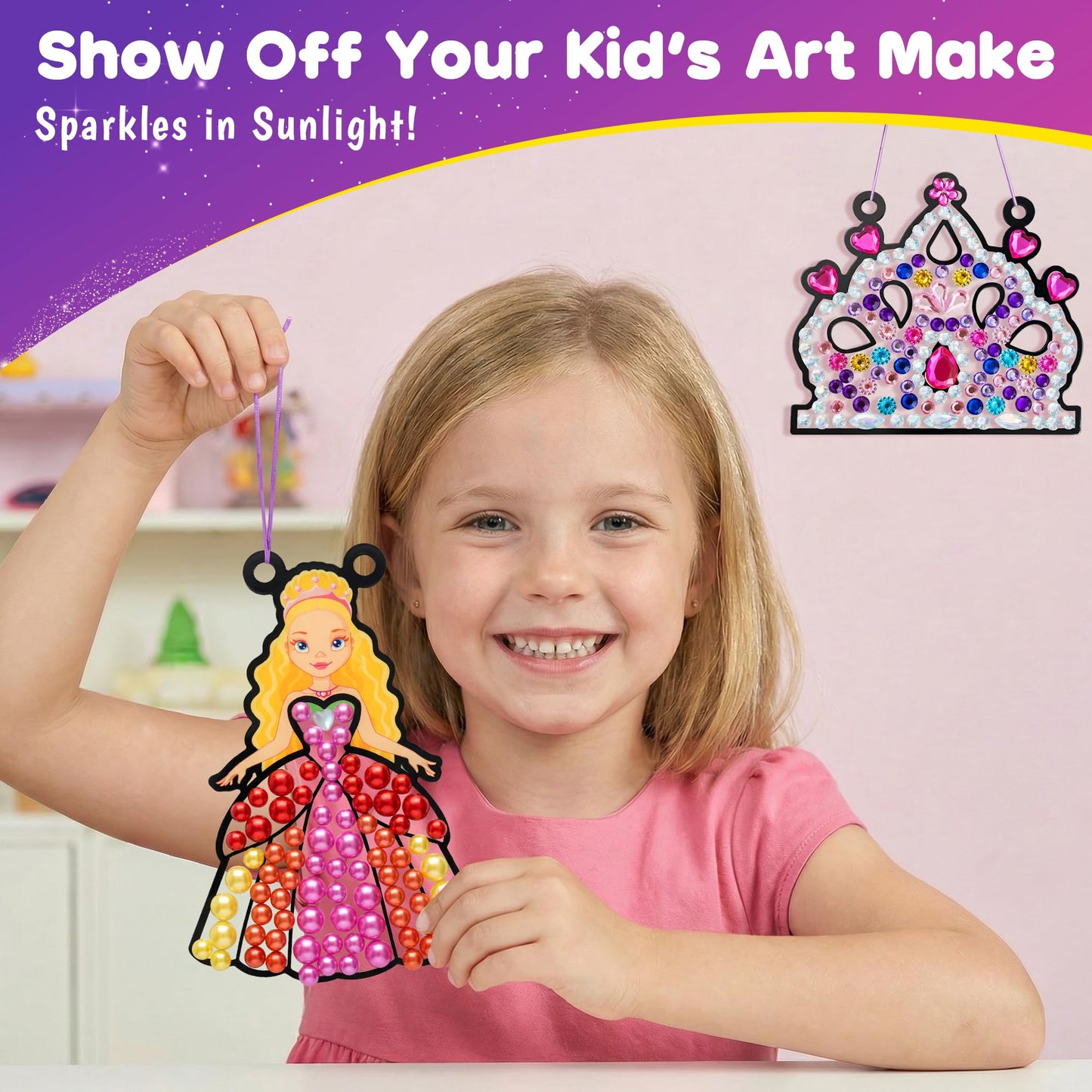 ZIZZ Window Art Suncatcher Kits for Kids - 5PCS Gem Painting Kits, Diamond Art & Craft Sets for Boys Girls Craft Gifts for Kids Birthday Easter Christmas Ages 6+, Girls Creative Activities Toys Gifts