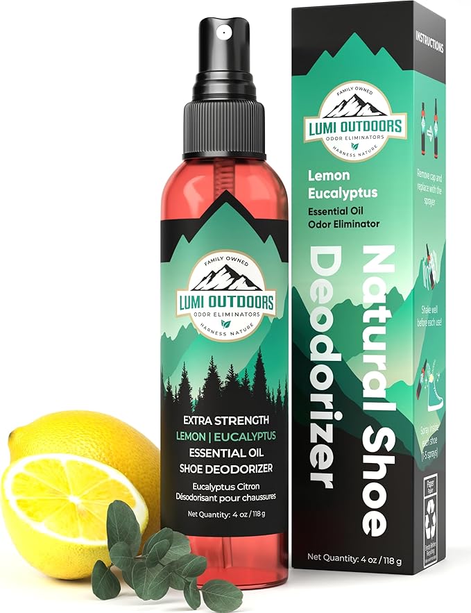 Lumi Outdoors Natural Shoe Deodorizer Spray (700+ Sprays) - Extra Strength Shoe Odor Eliminator for Smelly Shoes & Foot Odor - Replaces Shoe Balls & Inserts - Eucalyptus Lemongrass