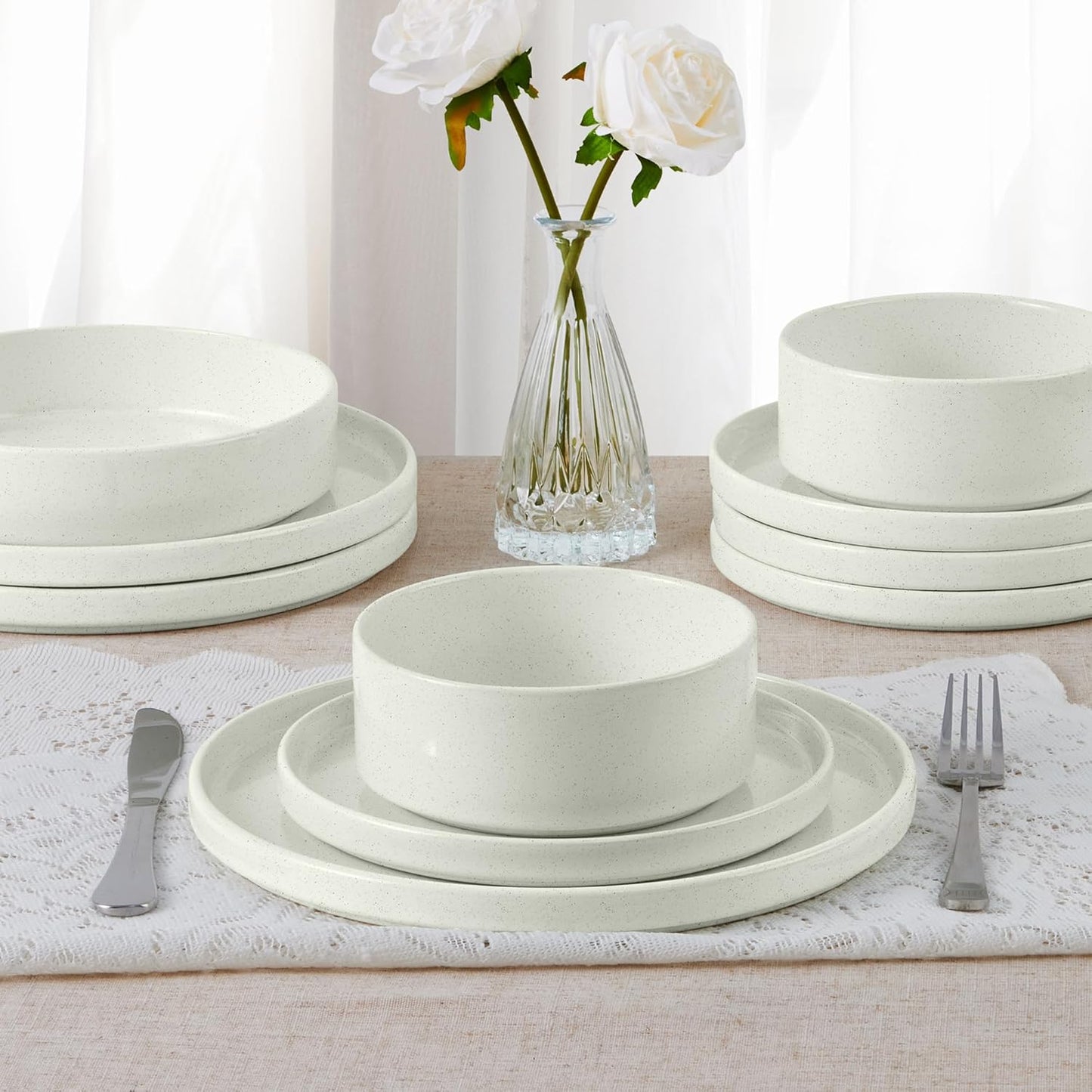 E-far Dinnerware Sets for 8, 24-Piece Stoneware Plates and Bowls Set, Modern Kitchen Dinning Dishware, Chip and Scratch Resistant, Microwave & Dishwasher Safe, Speckled White