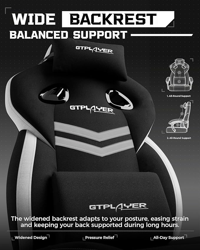 GTPLAYER Gaming Chair, Computer Chair with Footrest and Lumbar Support for Adults, 360°-Swivel Big & Tall Reclining Seat for Office or Gaming (Black&White)