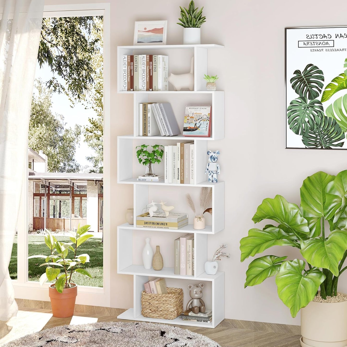 Yusong S Shaped Bookshelf, Modern Geometric Bookcase, 6-Tier White Display Case Book Shelf