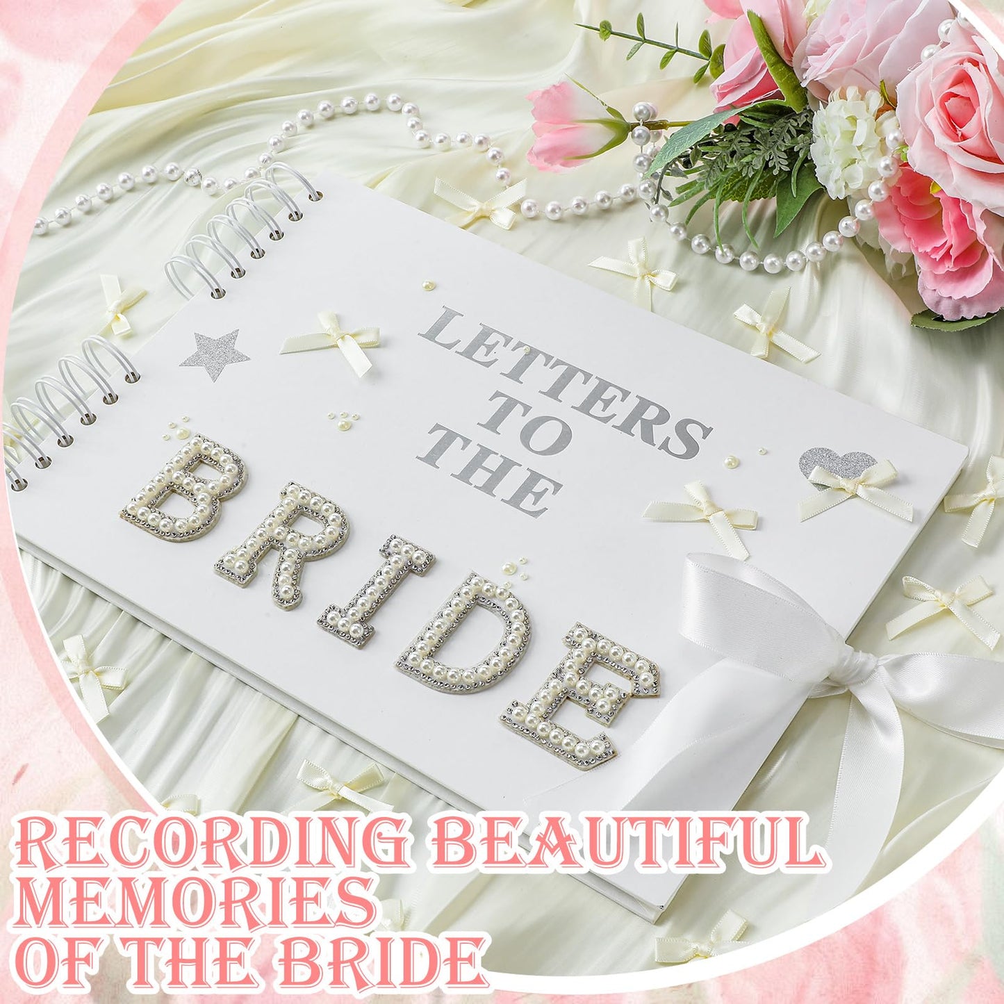 Fuyoooo 11.5 x 8.5 Inch Letters to the Bride Scrapbook Wedding Memory Book Bridal DIY Blank Paper Scrapbook Photo Album Guest Book Sign with Pearl Stickers, Metallic Letters, Bows (White)