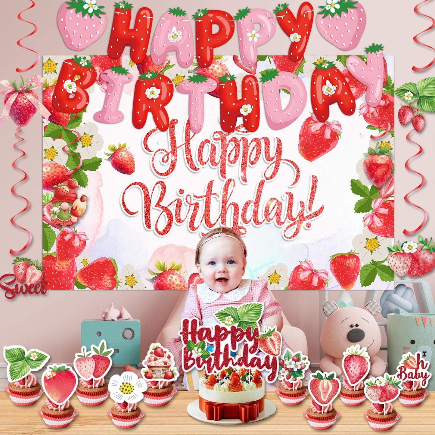 Strawberry Birthday Party Decorations Set - Cute Backdrop Banner, Hanging Banners, Swirls Streamers,Cake & Cupcake Toppers, Sweet Theme Party Supplies Kit for Girls, Kids, Baby Shower