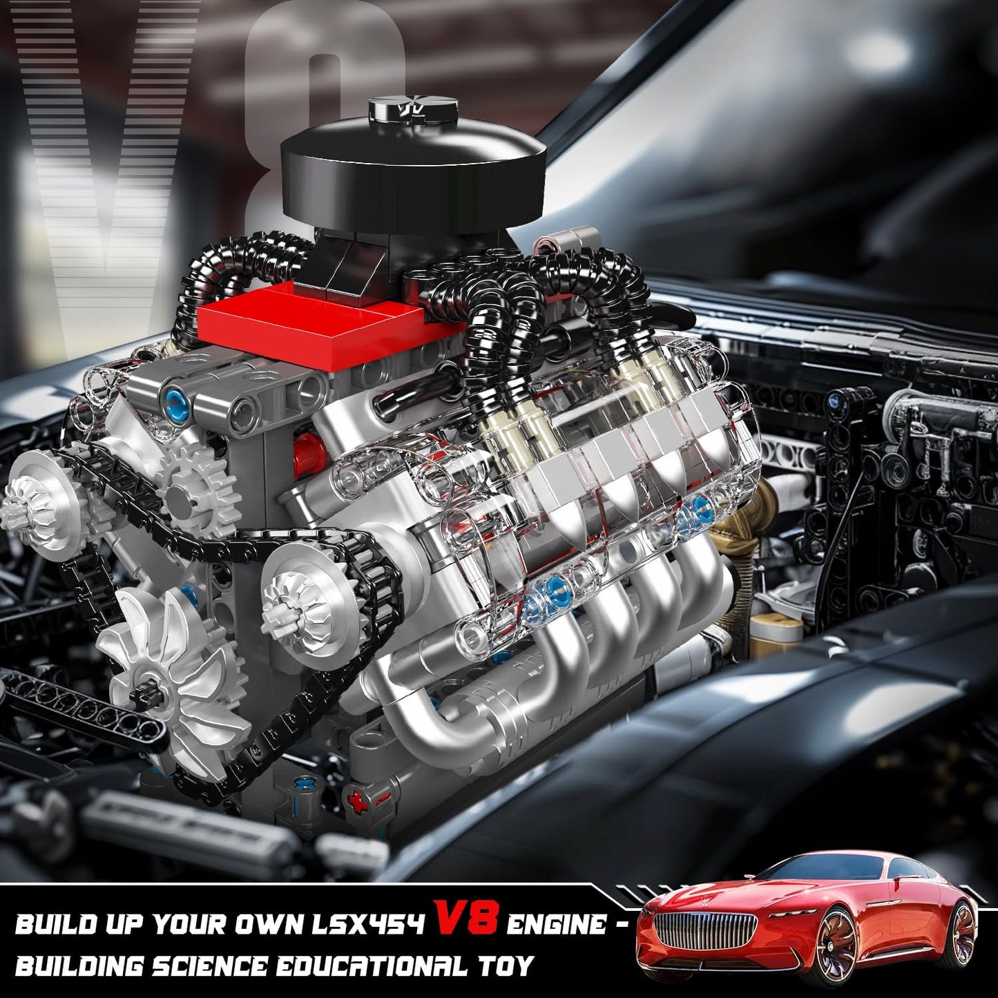 Mould King 10171 V8 Engine Model Kit, Mini V8 Engine Kits That Runs, Build Your Own Car Model Engine with Motor, Collectible Building Blocks for Adults, DIY STEM Construction Toys for Display