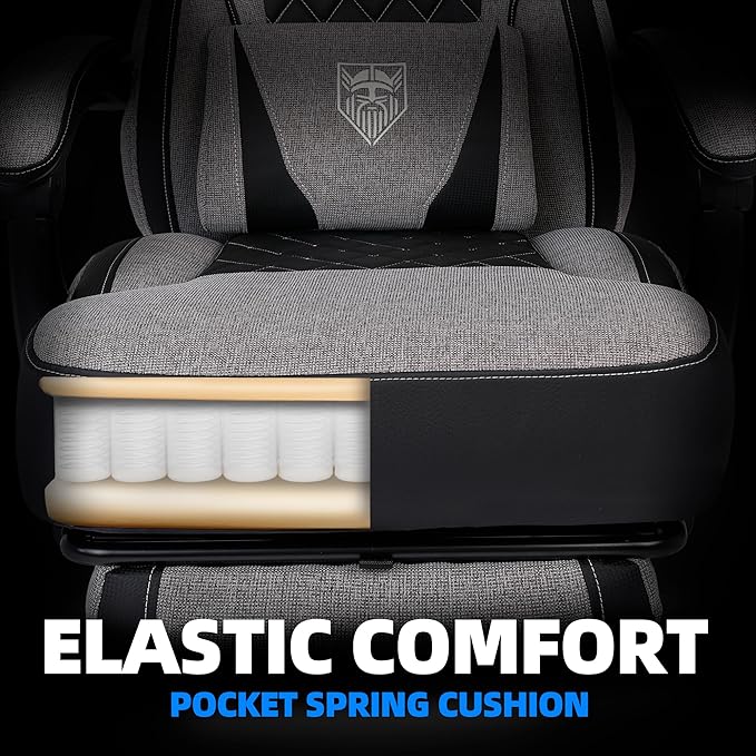 Vonesse Gaming Chair, Reclining Fabric Gaming Chairs for Adults 250LBS, Office Chair with Pocket Spring Cushion, Computer Chair with Footrest and Massage Lumbar Support (Grey)