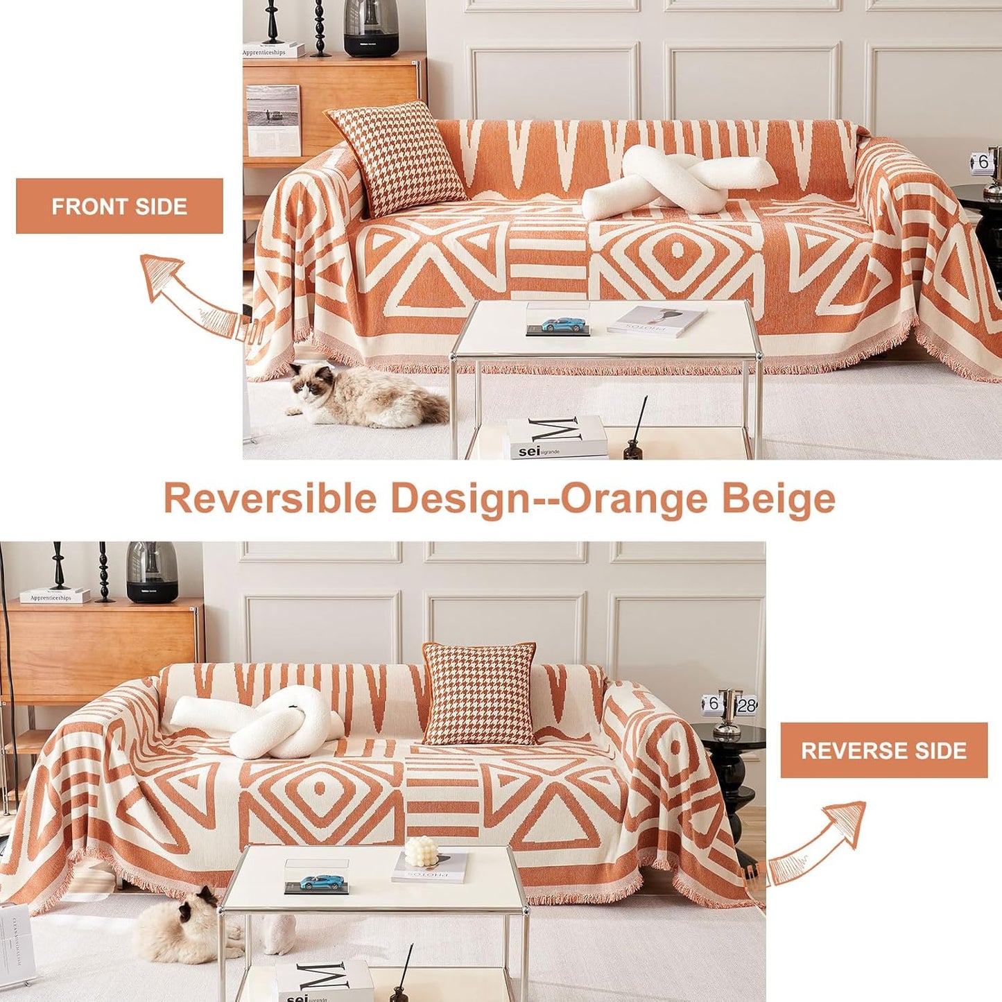 STACYPIK Reversible Caramel Sofa Cover Boho Triangle Couch Covers Non Slip Multi-use Furniture Protector for 2 Cushion Couch Jacquard Sofa Slipcovers Loveseat Couch Cover for Dog Pet-Friendly-71X118IN