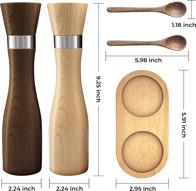 Solid Beech Wood Salt & Pepper Grinder 5PC Set, 9.25inch Manual Mills with Tray & Wooden Spoons, Adjustable Coarseness Ceramic Core,Refillable Non-Slip Base for Kitchen Countertop Dining Decor