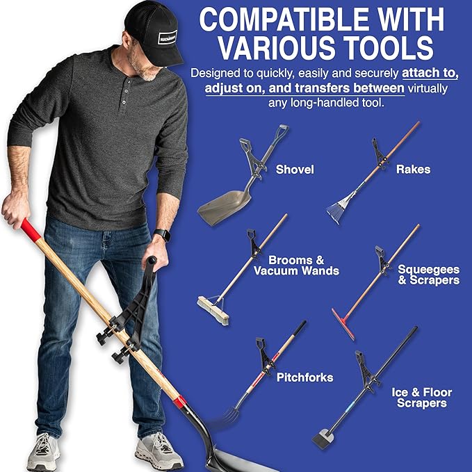 Universal Handle Attachment for Snow Shovel, Weedeater, String Trimmer, Rake & More | Versatile Ergonomic Back Saving Attachment for All Gardening Tools | Made in The USA