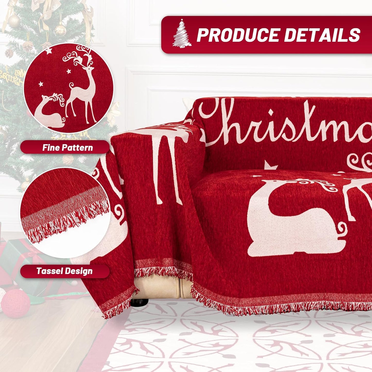 MYSKY HOME Christmas Couch Cover for Sofa Couch Covers for Pets, Non Slip Dogs Furniture Protector with Tassels for Living Room Non Slip Washable Furniture Protector Cover for Pet, Cat, 71"x118", Red