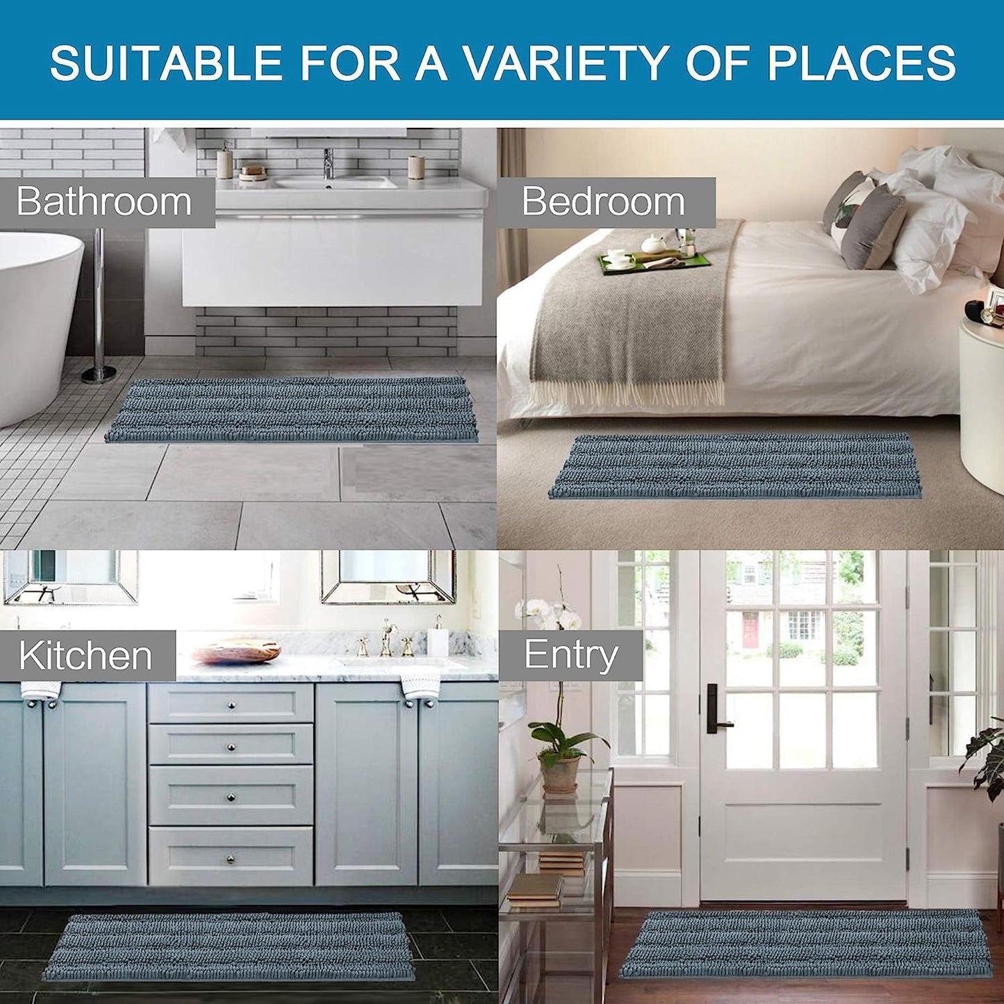 H.VERSAILTEX 2 Piece Bathroom Set - Absorbent Chenille Bath Mats & Non-Skid Machine Washable Rugs (Stone Blue, 47 x 17 Plus 17 x 24 - Inches)