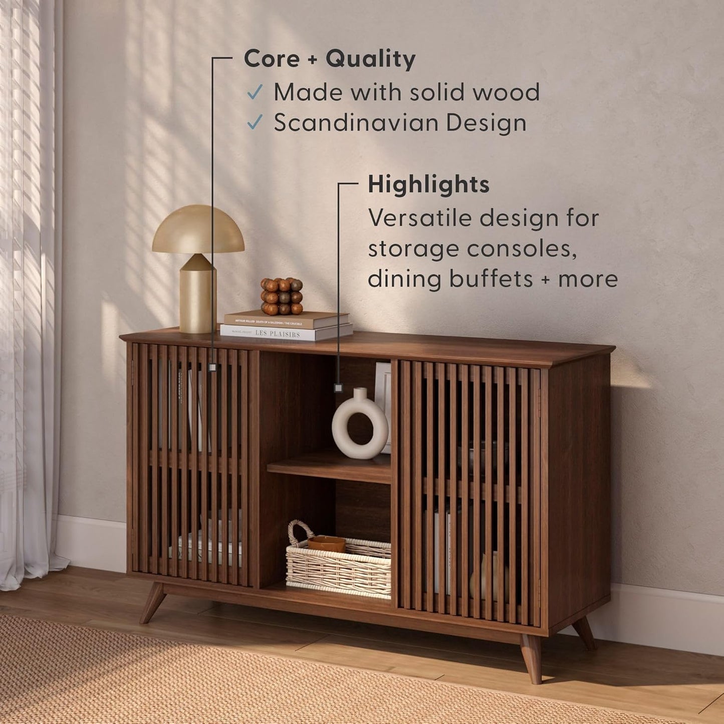 Plank+Beam Mid-Century Modern Wood TV Stand, Solid Wood Entertainment Console with Storage, 49" L x 16" W x 30" H, Walnut