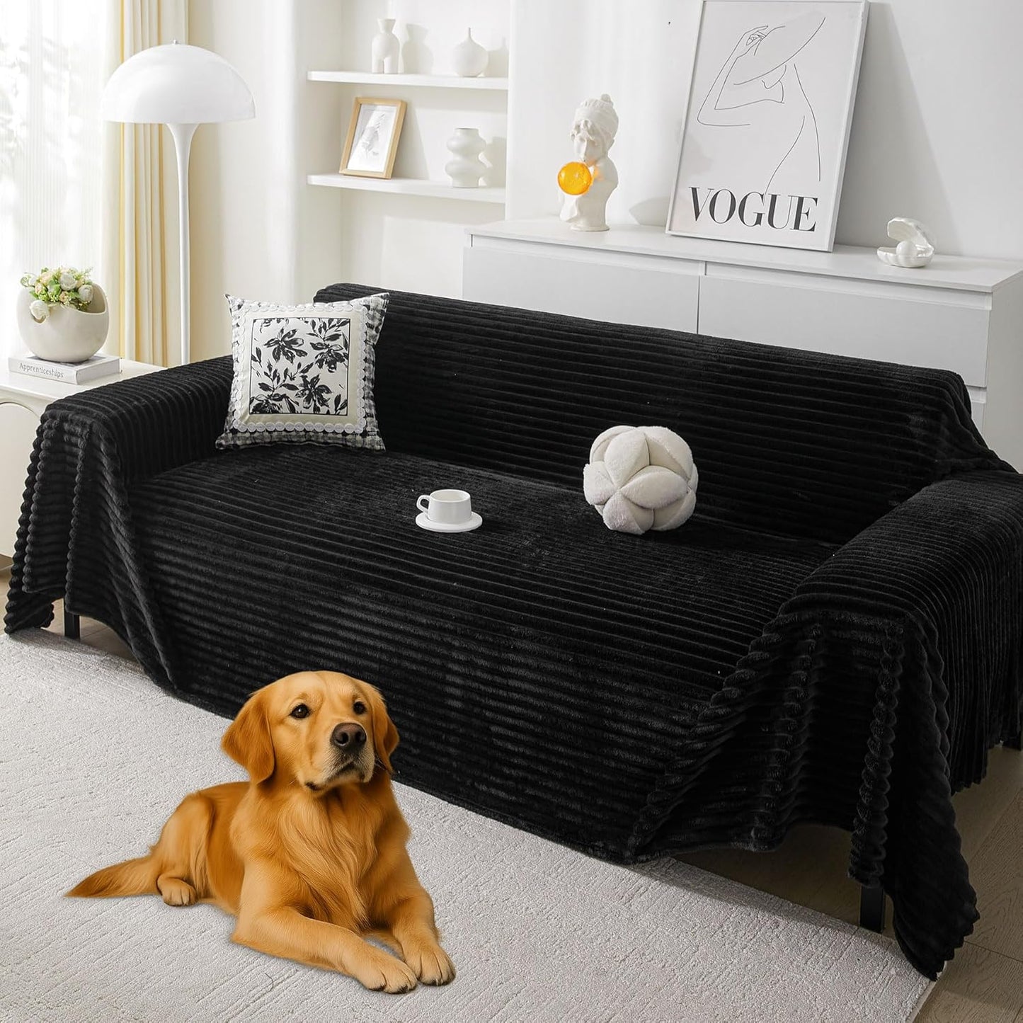 HAOMAIJIA Faux Fur Sofa Covers Couch Covers for 2 Cushion Couch Sofa Pet Friendly Soft Non Slip Couch Cover for Dogs Washable Sectional Couch Covers L Shape Furniture Protector (Black, 71"x102")