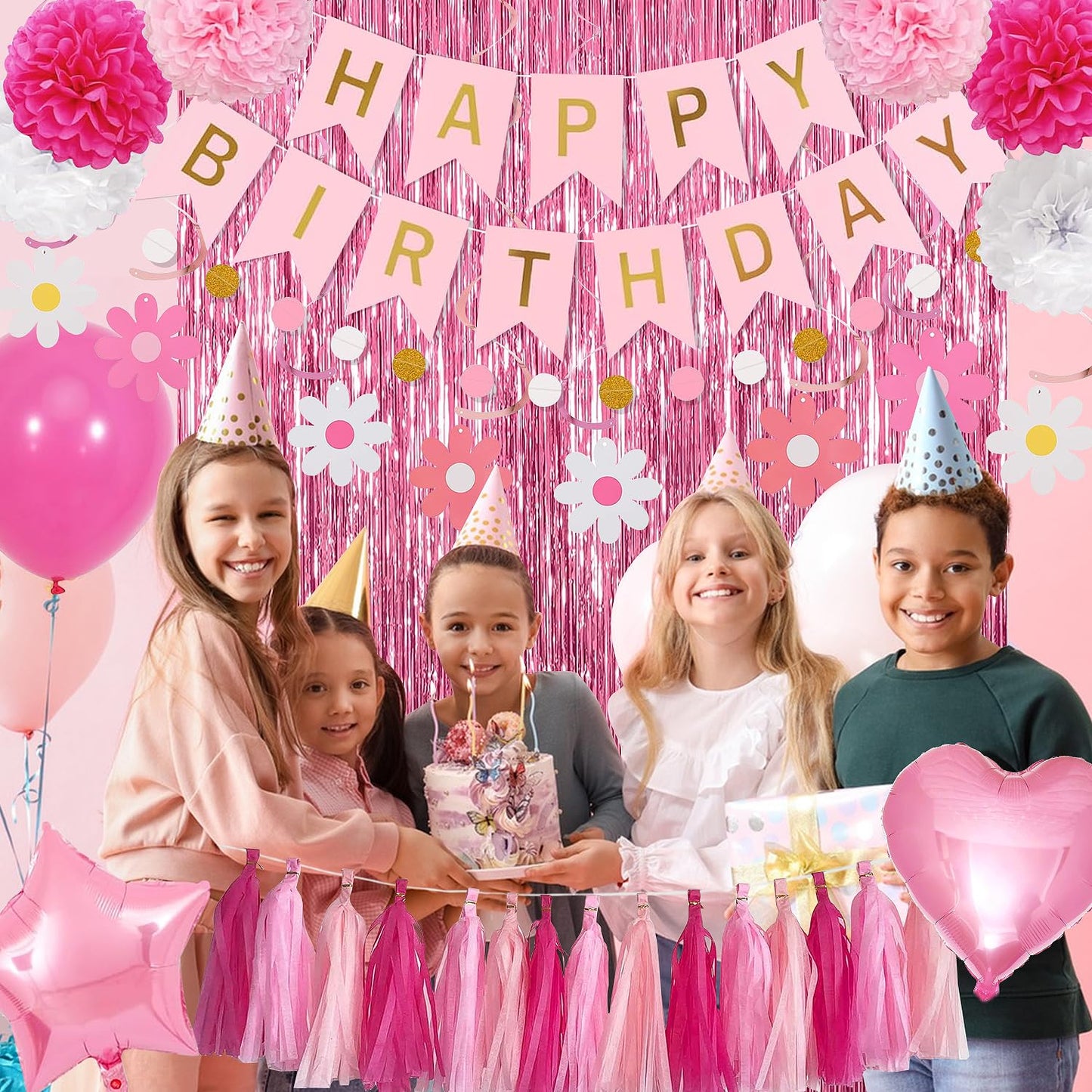 Pink Red Happy Birthday Party Decorations kits for Girls Women with Happy Birthday Banner, Fringe Curtain,Foil Balloons,Tissue Pompoms,Dots Garland,Tassels Garland,Cake Topper for birthday decor(pink)