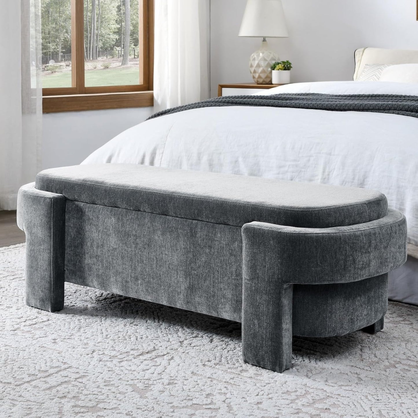 KEIKI 51" Linen Ottoman Bench with Large Storage Space, Upholstered Seating Foot Rest Stool Furniture for Bedroom, Living Room, Entryway, Green