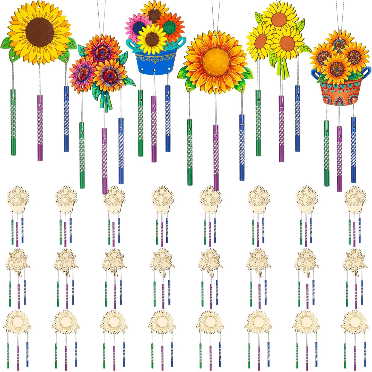 Leinuosen 30 Pcs Wind Chime Kit Sunflower Wooden Wind Chimes Decorative Sunflower Windchimes Hanging Dragonfly DIY Crafts for Indoor Outdoor Garden Home Patio Party Crafts Decorations