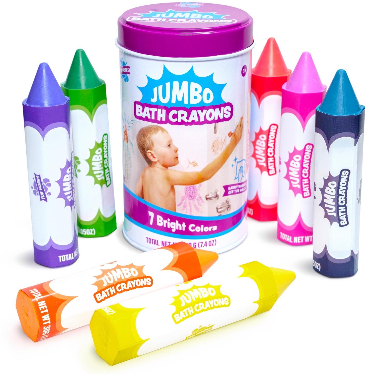 Tub Works® Smooth™ Jumbo Bath Crayons Bath Toy | Nontoxic, Washable Bath Crayons for Toddlers & Kids | Unique Formula Draws Smoothly & Vividly on Wet & Dry Tub Walls | Large, Easy-Grip Bathtub Crayons
