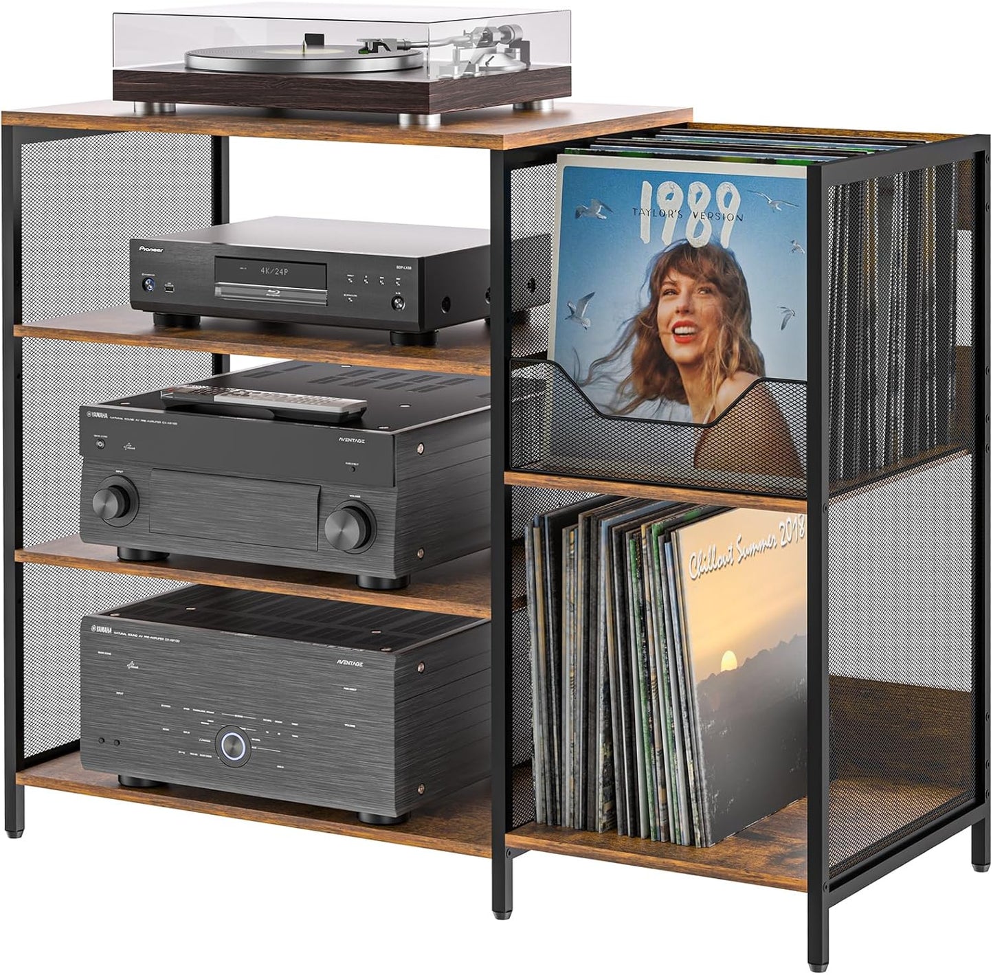 Large Record Player Stand Table with Vinyl Record Holder Up to 150PCS, AV Media Stand Stereo Cabinet Shelf Rack Tower with Storage, Sturdy, Adjustable Feet, Rustic, Large Capacity