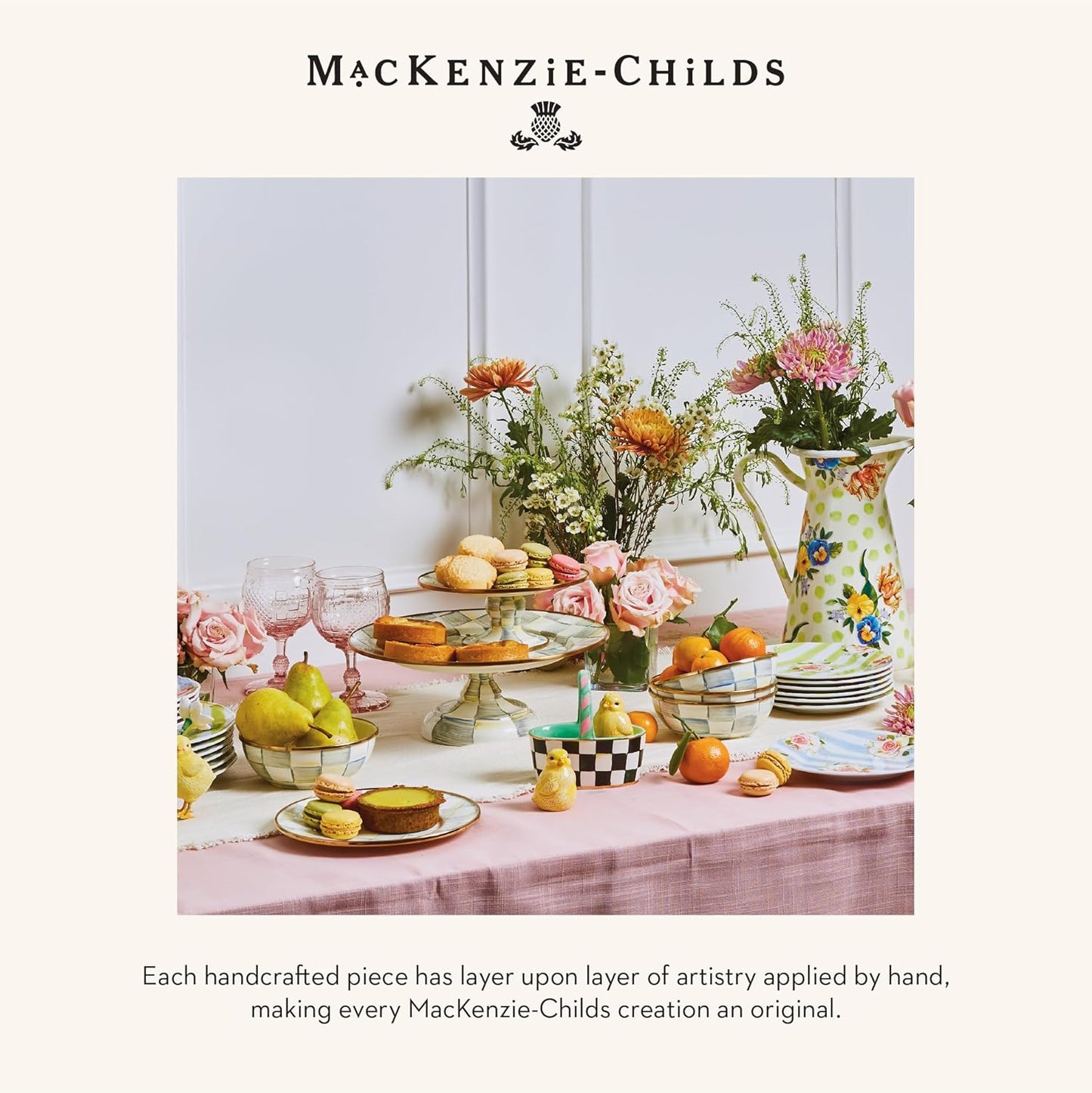 MACKENZIE-CHILDS Enamel Pedestal Platter, Round Cake Stand, Mini, Gray-and-White Sterling Check