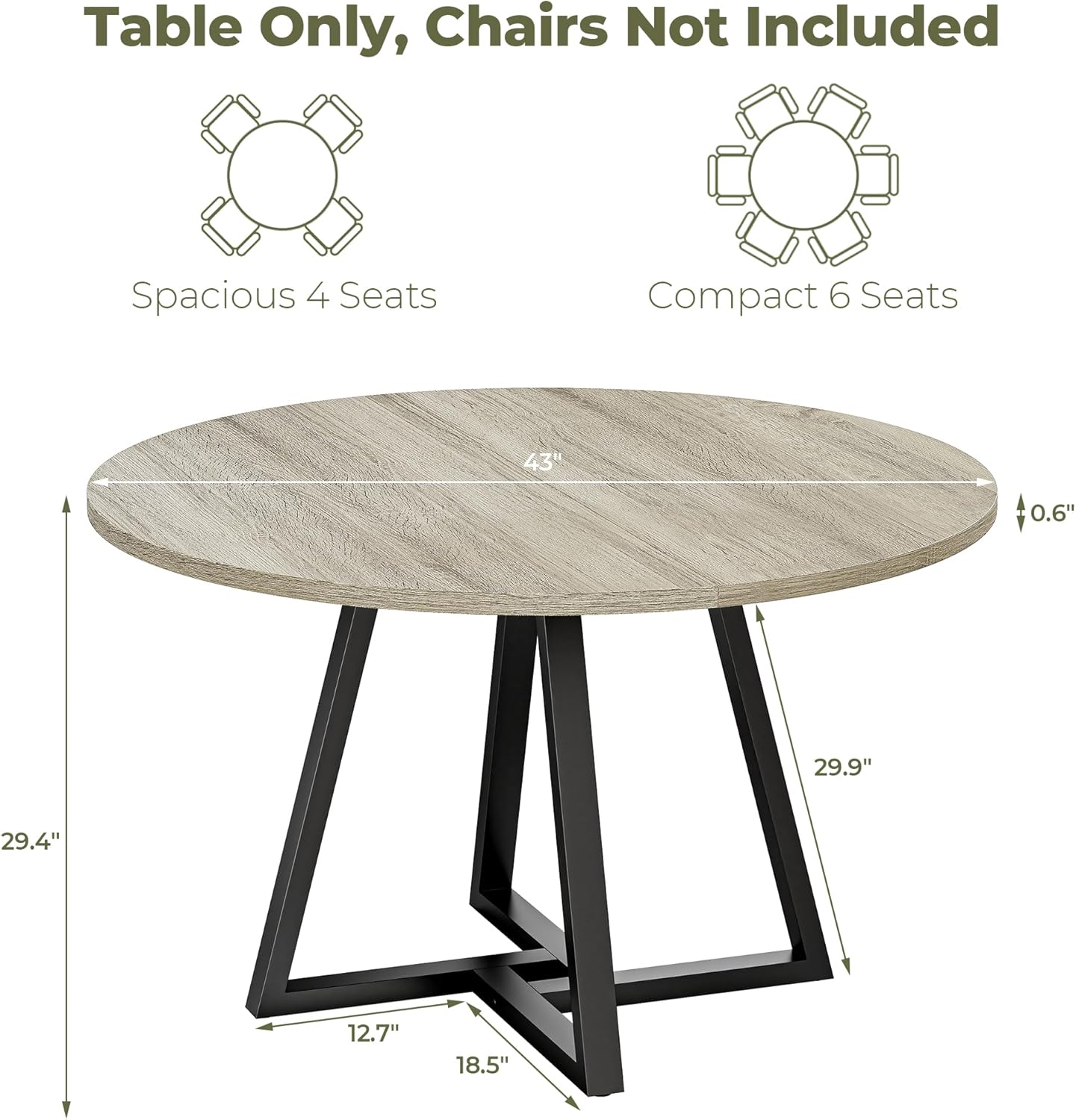 IRONCK 43" Round Dining Table for 4, Wood Kitchen Table with Metal Base, Space Saving Industrial Circle Dinner Table for Kitchen Dining Room, Gray