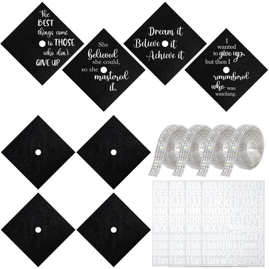 Dunzoom Black 16 Pcs Graduation Cap Decorations Kit Glitter DIY Cardstock Paper Letter Sticker for Graduation Hat Topper