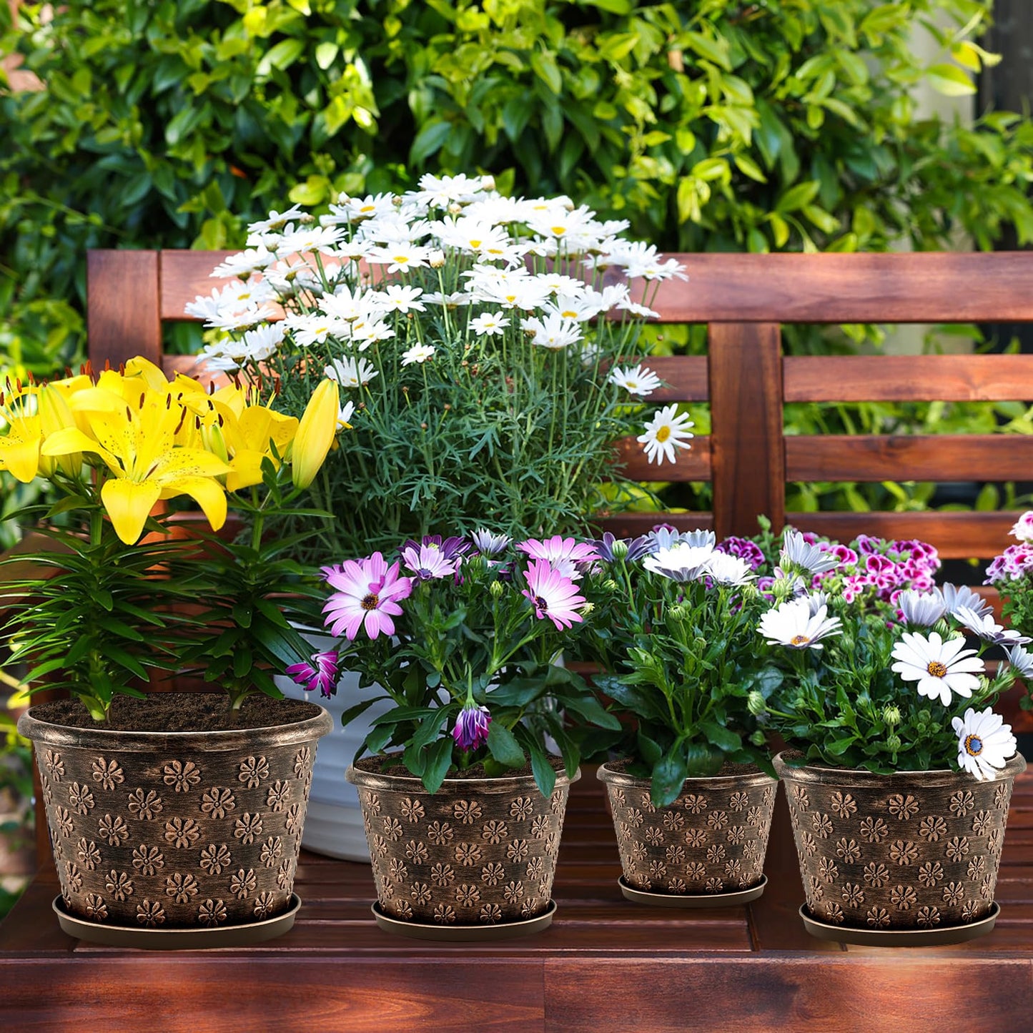 16 Inch Planter Pots for Plants, Plastic Large Flower Pots Indoor Outdoor, 4 Pack Resin Plant Pot with Drainage & Saucer, Retro Decorative Garden Pot with Removable Trays for House