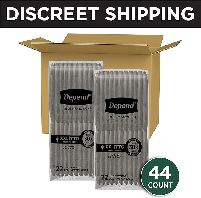 Depend Fresh Protection Adult Diapers, Incontinence Underwear for Men, Disposable, Maximum, Extra-Extra-Large, Grey, 44 Count (2 Packs of 22), Packaging May Vary