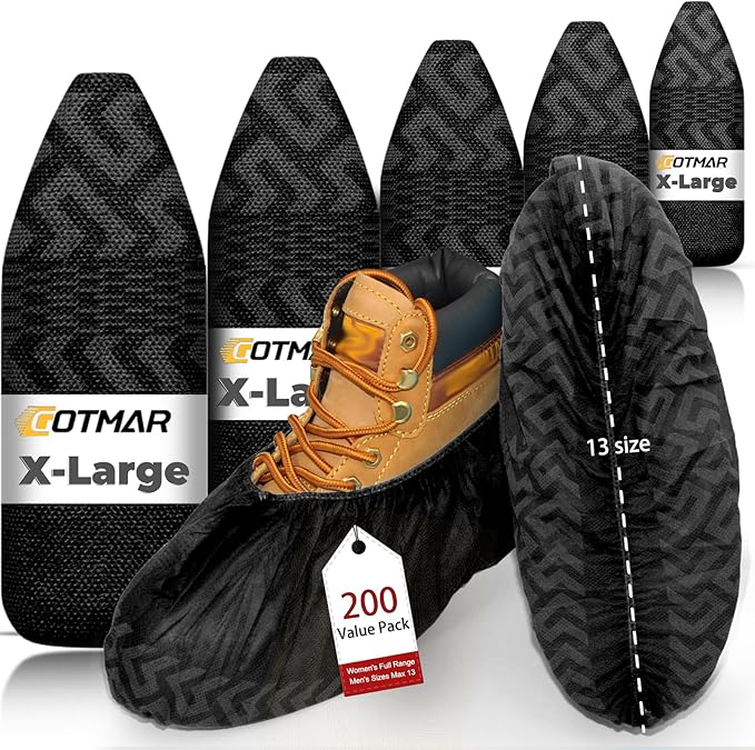 X-Large 200 Pack Breathable Shoe Covers Disposable for Indoors - Reusable Non-Slip Black Non-Woven Fabric Shoe Booties disposable, Fits Up to Men’s Size 13, Doubles as Travel Shoe Bags
