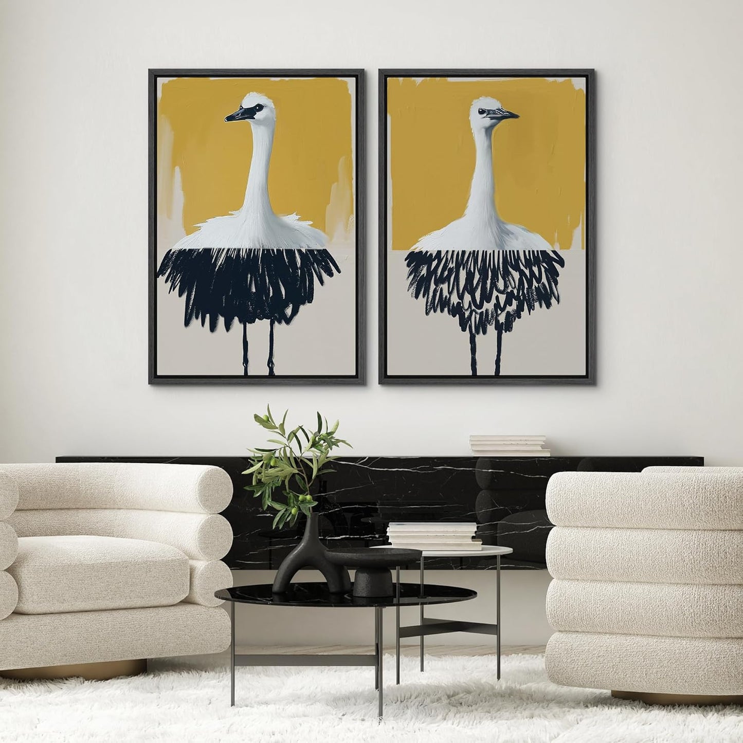 SIGNWIN Framed Canvas Print Wall Art Set Minimalist Crane Portrait Modern Bird Illustrations Modern Art Rustic Minimal for Living Room, Bedroom, Office - 24"x36"x2 Black