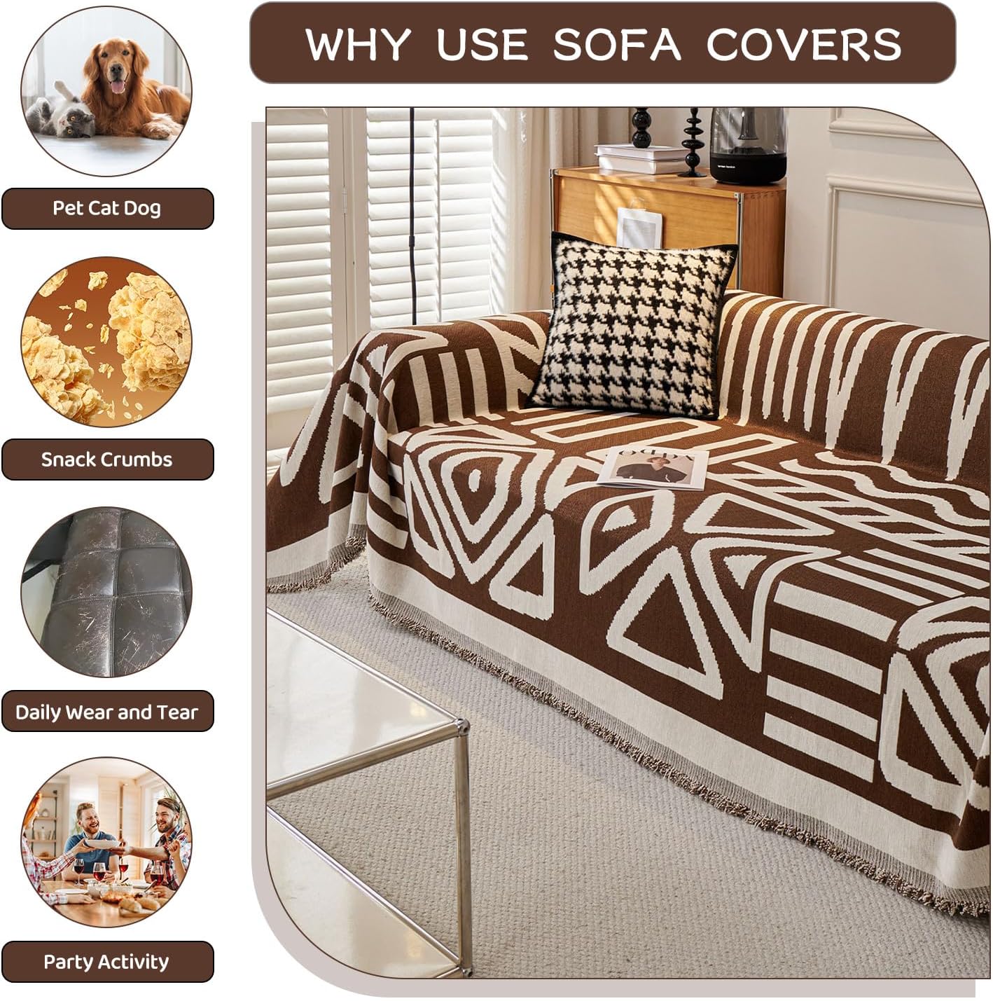 STACYPIK Soft Breathable Boho Chocolate Sofa Cover Stain Resistant Furniture Protector for 3 Cushion Couch Washable Sofa Cover for Dogs Cats Dark Khaki Reversible Sectional Covers for Sofa-91X118IN