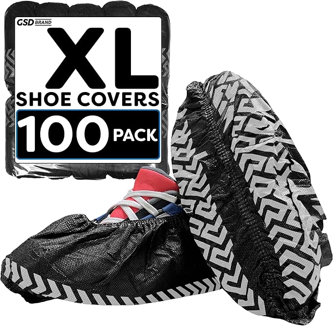 100 Pack Extra Large Black Shoe Covers Disposable. Non Slip Indoor Reusable Boot Covers. Booties with Non Skid Treads. Fits US Men's Size 14 and Women's 16