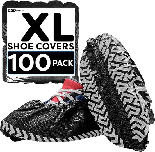 100 Pack Extra Large Black Shoe Covers Disposable. Non Slip Indoor Reusable Boot Covers. Booties with Non Skid Treads. Fits US Men's Size 14 and Women's 16