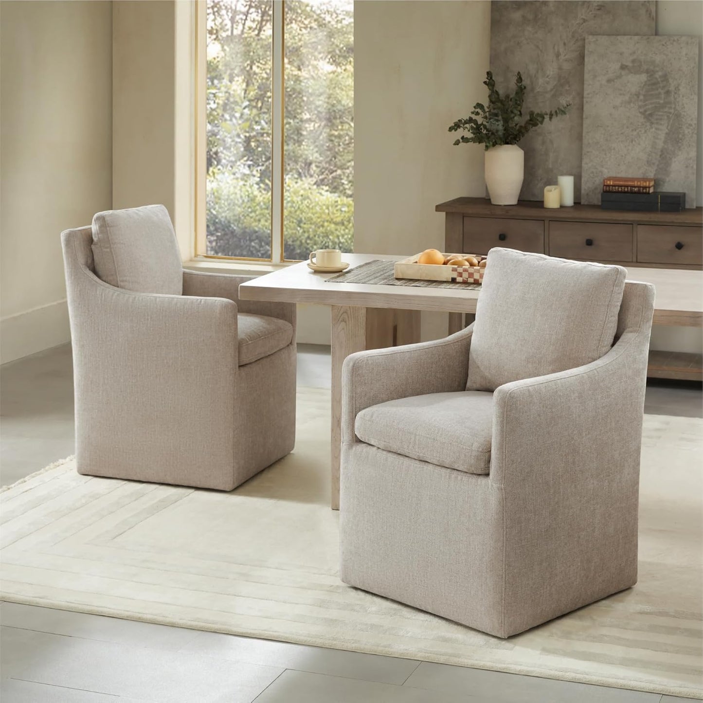 Upholstered Dining Chairs with Casters No Assembly Modern Accent Armchair with Rollers for Diningroom Bedroom Livingroom Reading Room,Sand,2 Boxs