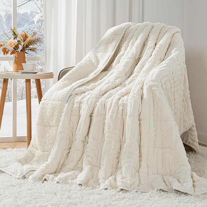Cottonblue Jacquard Weighted Blanket for Adults 20 lbs Queen Size, Soft Fluffy Sherpa Fleece Weighted Throw Blankets 60" x 80" for Sleep Relax, Fuzzy Warm Arch Heavy Blanket for Bed Couch, Cream White