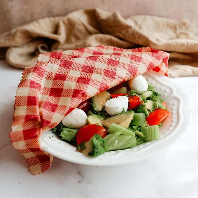 Reusable Beeswax Wrap Roll – Cotton, Plastic-Free Food Storage Alternative – Wrap Made by Women in Chile (Red Squares)