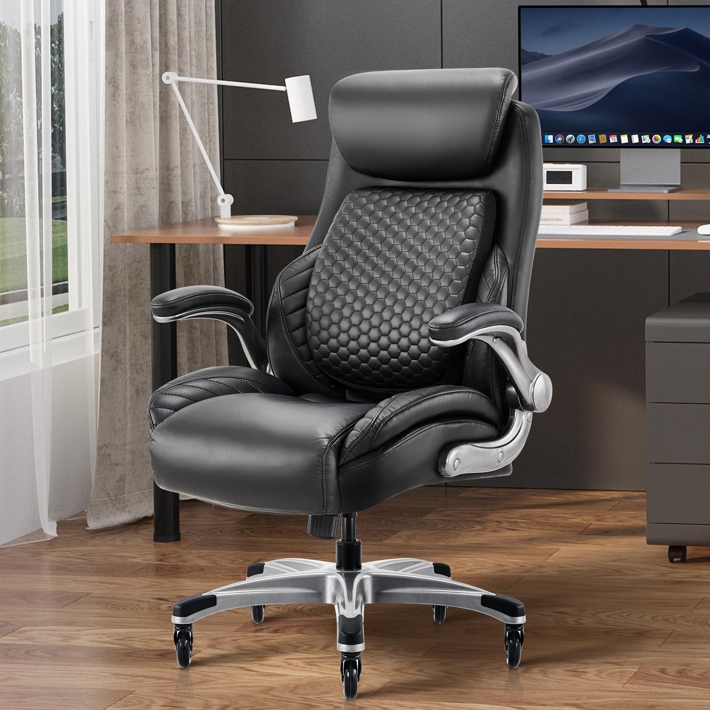 COLAMY Office Chair Ergonomic Desk High Back Executive Chair with Pop-Out Lumbar Support, Upgraded Casters, Adjustable Headrest, Flip-Up Arms, Leather Home with Thick Cushion for Comfort - Black
