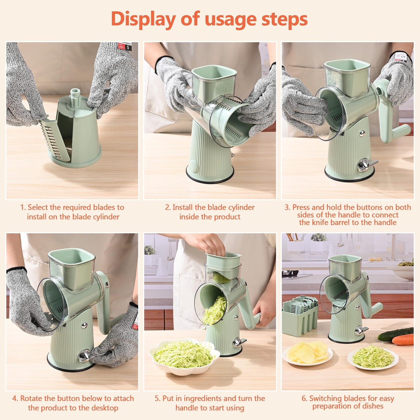 Cheese Grater With Hand Crank Countertop For Kitchen，Grater Shredder With Handle For Kitchen Rotating，Vegetable Slicer，Nuts Grinder Cheese Shredder with Clean Brush(5 Blades Matcha Color)