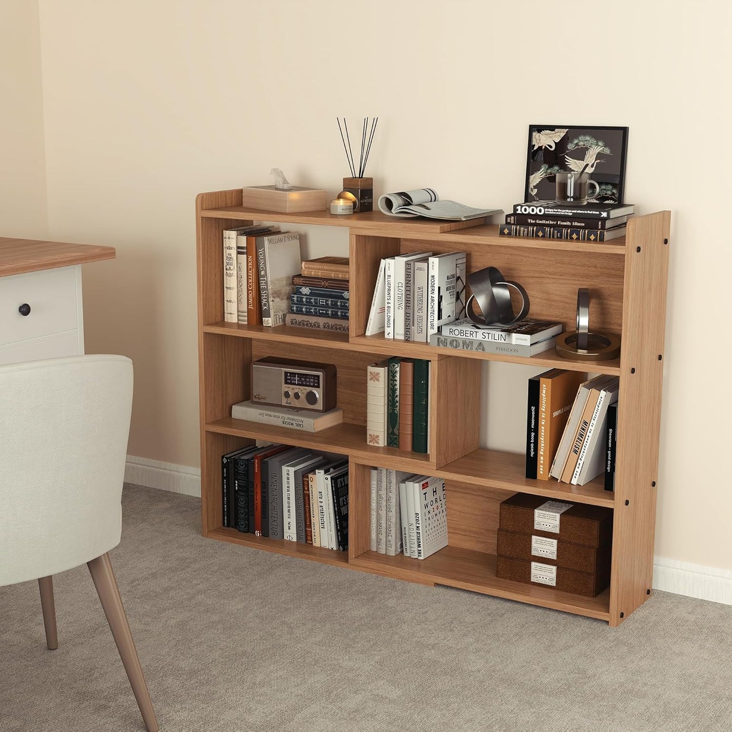 Open Shelf Low Bookcase,Wooden 4-Tier Floor Standing Expandable 25-47 inch Wide Bookcase,with Side Panels Frame for Home and Office