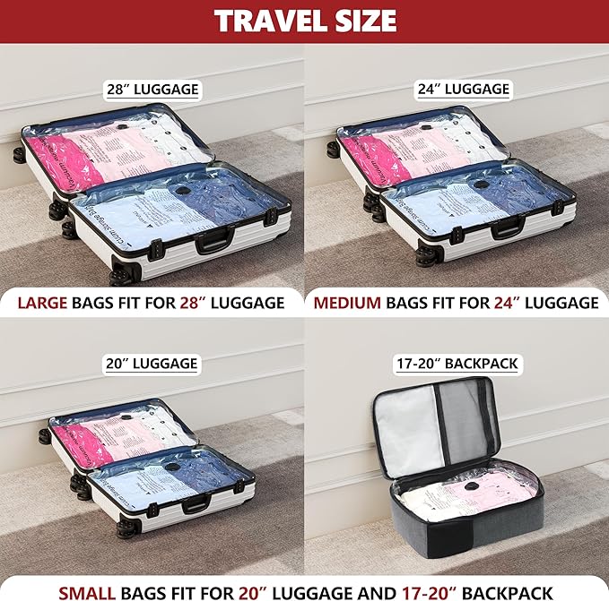 SUOCO Travel Vacuum Bags with Portable Electric Pump, 10 Small Compression Packing Seal Cubes for Clothing Suitcase Luggage Organizer, Space Saver Clothes Storage Bags