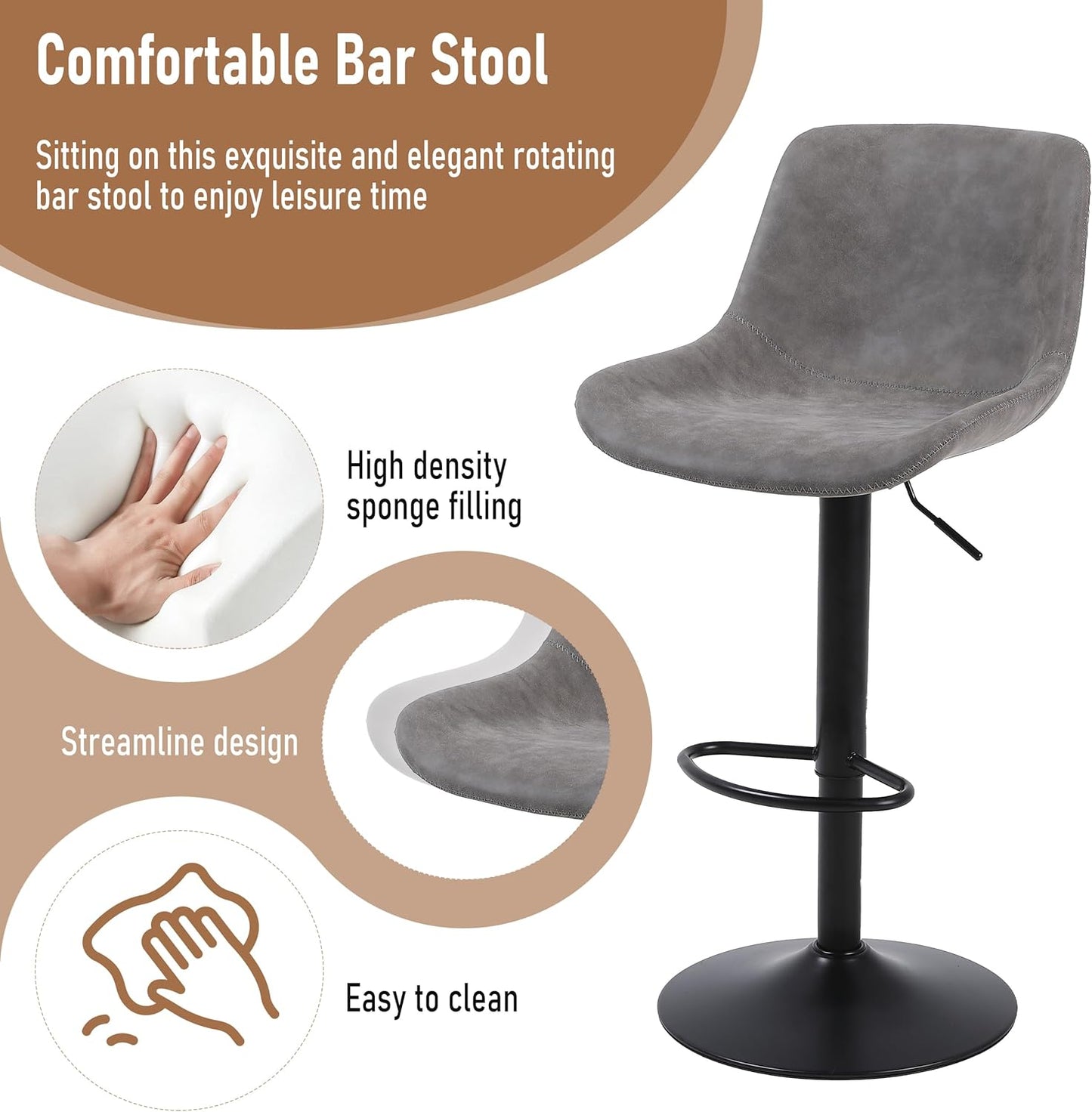 Bar Stools, Swivel Counter Height Barstools with Back, Adjustable Modern Bar Chairs, Tall Armless PU Leather Kitchen Island Stool (Grey, Set of 1)
