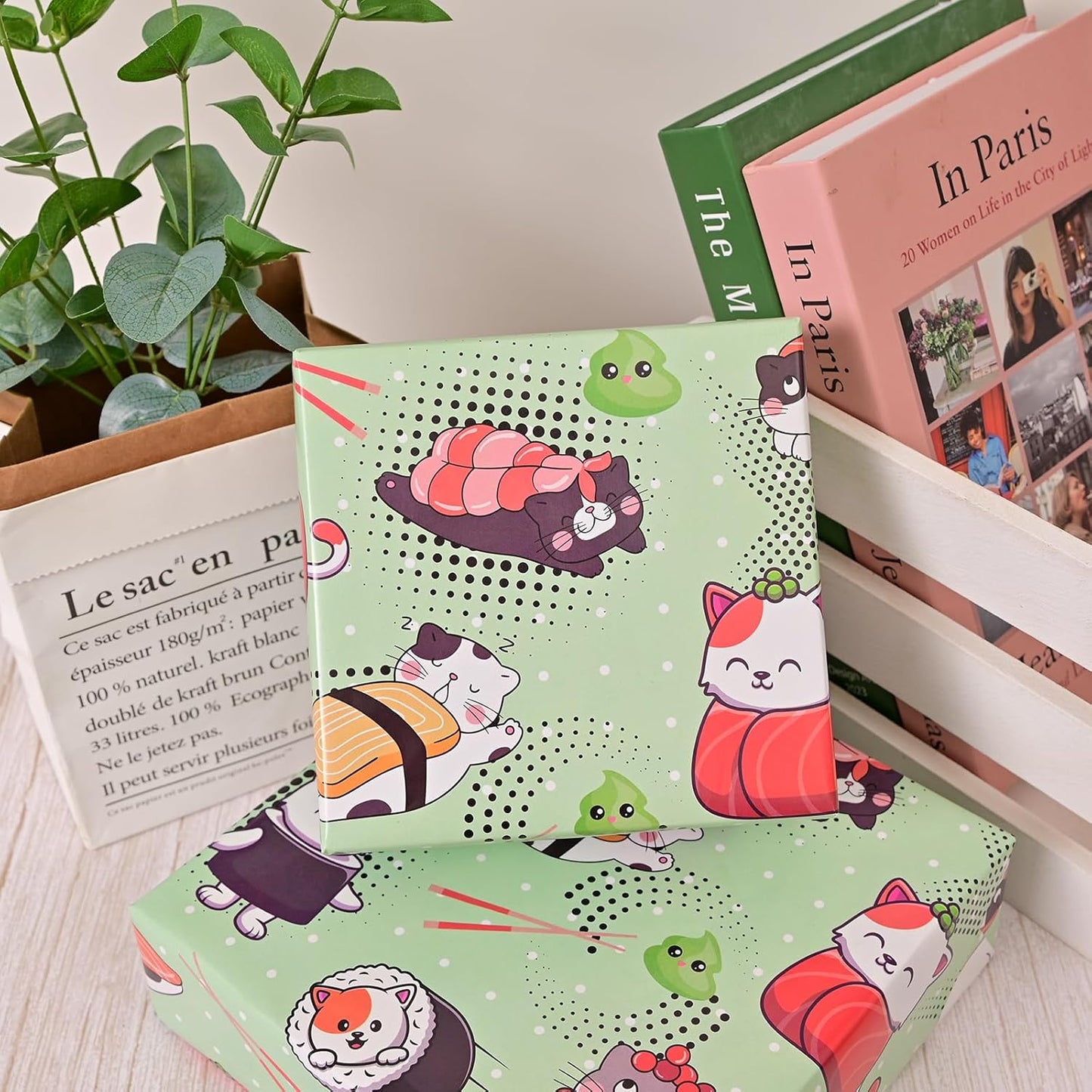 Vnaeem Kawaii Cat Wrapping Paper - Cute Sushi Cat - Japanese Gift Wrap for holiday birthday Pet Lovers - 20 X 28 Inches Per Sheet （6 Sheets)
