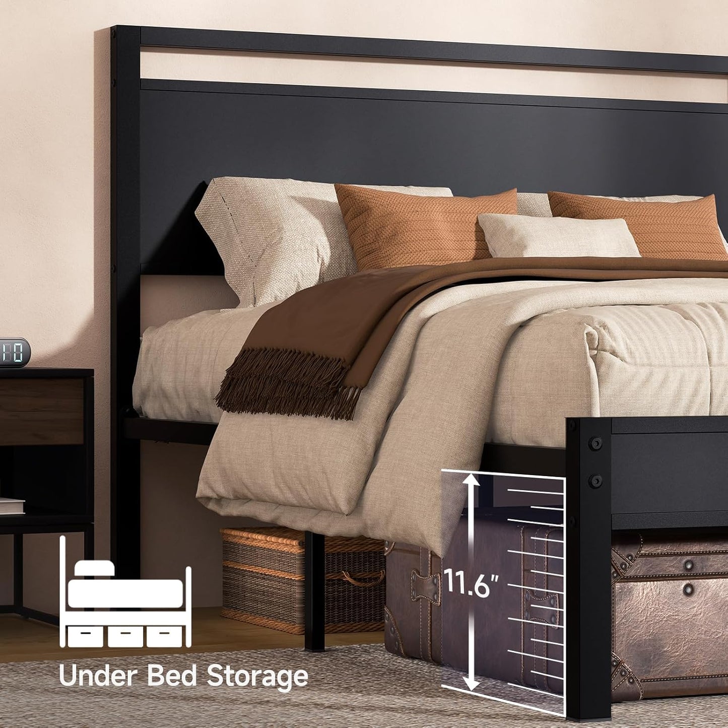 Z-hom Queen Bed Frame with Modern Wood Headboard & Footboard, Upgraded Heavy Duty Metal Sturdy Bed Frame Queen Size, Stable Platform Bed Furniture Bed Storage, No Noise, No Box Springs, Black