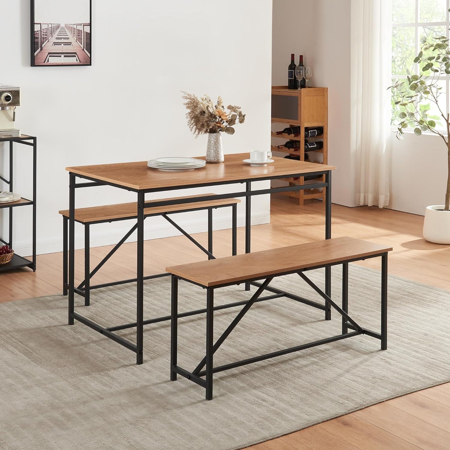 Panana 3 Piece Dining Room Table Set 43 Inch Kitchen Table with Two Benches Breakfast Table Top with Sew Kerf Finish Metal Frame Dining Room Home (Brown)