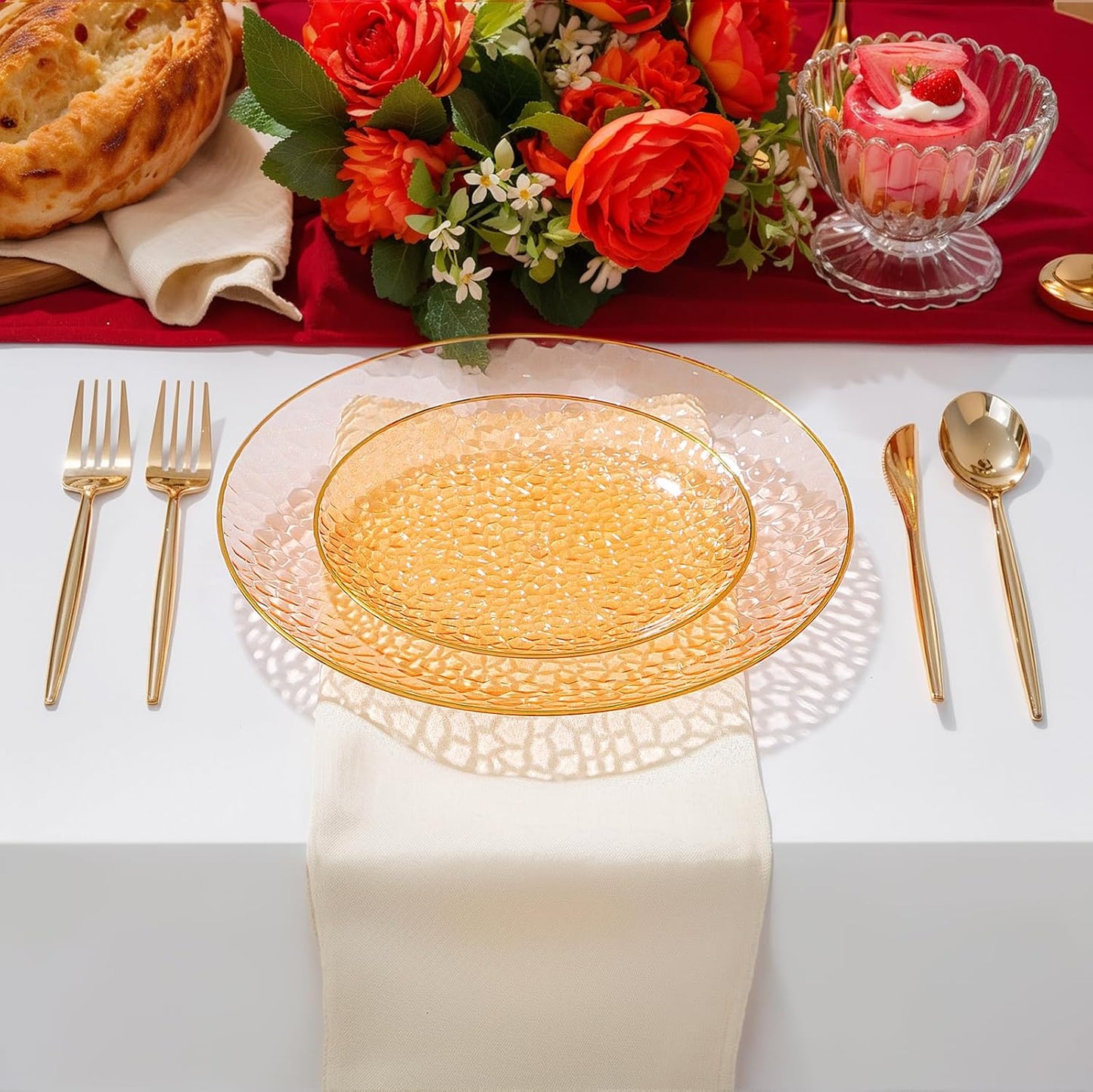 Rubtlamp 60Pcs Orange Plastic Plates, Orange Disposable Plates With Gold Rim, Hammered Plastic Plates Include 30 Dessert Platos, 30 Dinner Platos for Party, Thanksgiving