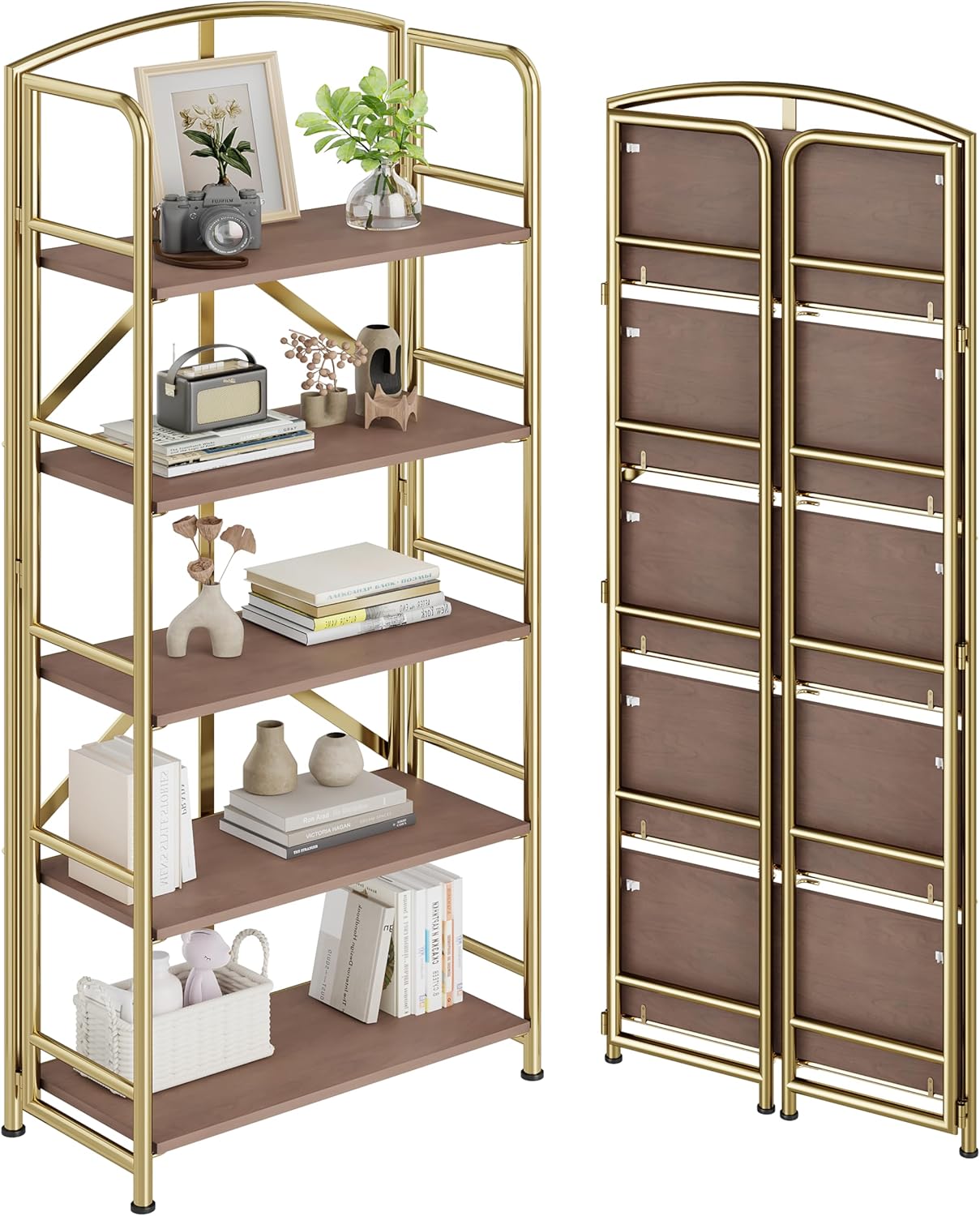 No-Assembly Folding Gold Bookshelf Storage Shelves 5 Tiers Vintage Multifunctional Plant Flower Stand Storage Rack Shelves Bookcase for Home Office