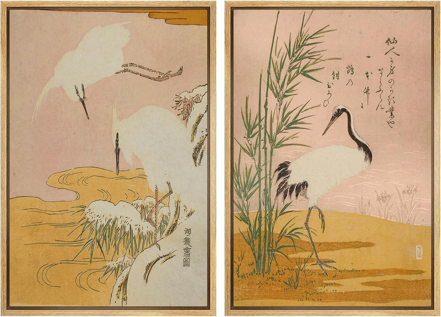 SIGNWIN Framed Canvas Print Wall Art Set Japanese Crane Vintage Style Bird and Bamboo Illustrations Modern Art Rustic Minimal for Living Room, Bedroom, Office - 24"x36"x2 Natural
