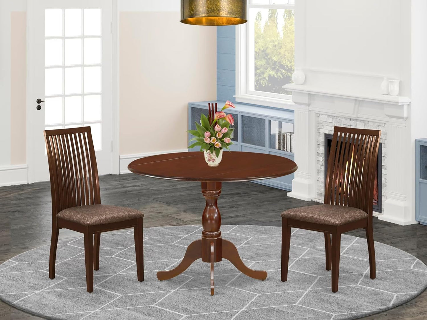 East West Furniture DMIP3-MAH-C 3 Piece Dining Set Contains a Round Dining Room Table with Dropleaf and 2 Linen Fabric Upholstered Chairs, 42x42 Inch, Mahogany