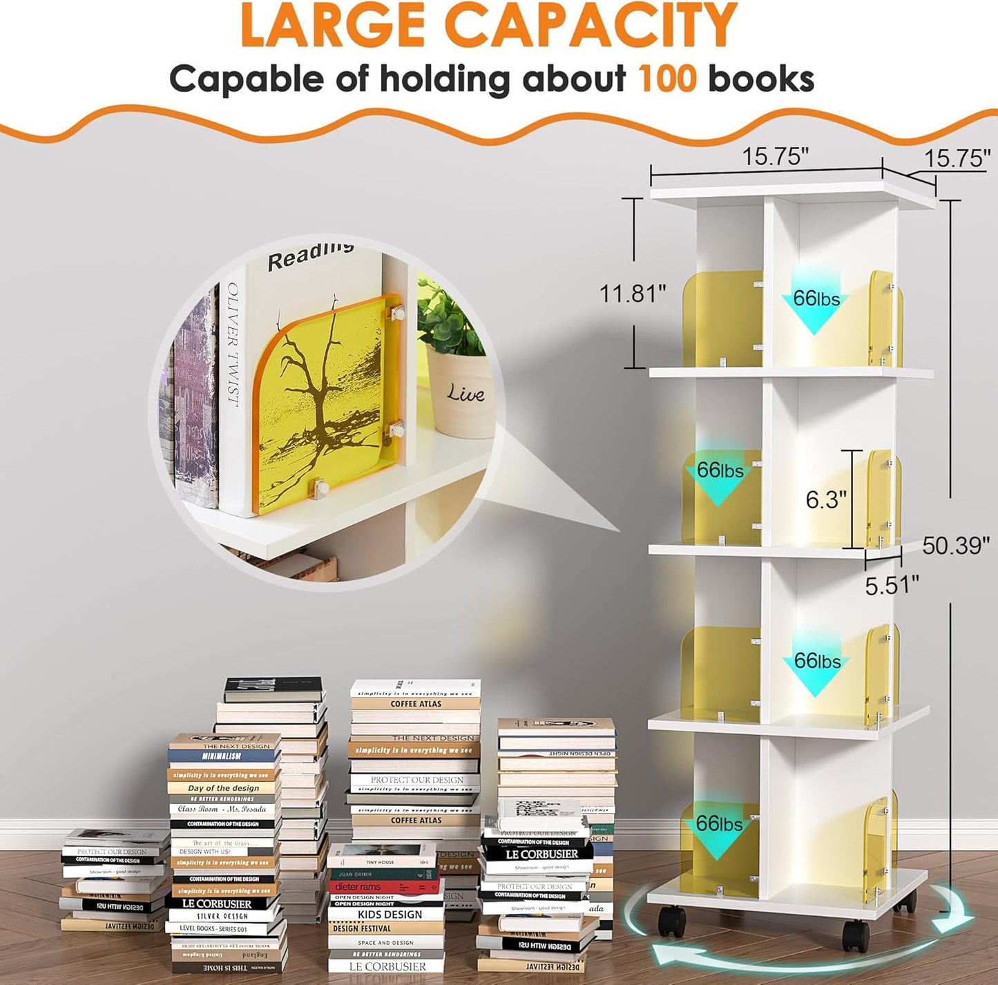 VECELO Rotating Bookshelf with Brake Wheels, 360°Display 4 Tier Floor Stackable Spinning-Bookshelf Tower for Kids&Adults, Revolving Bookcase for Small Space,Corner(White)