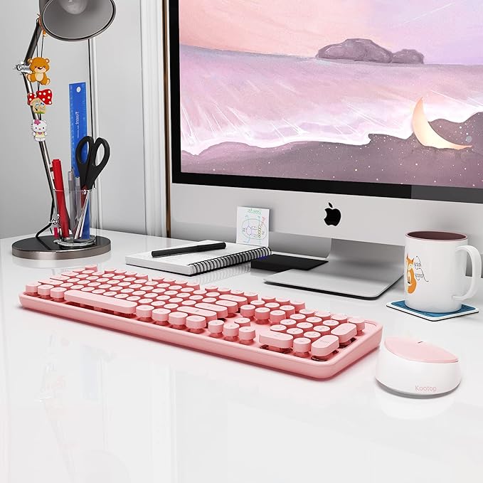Kootop Wireless Keyboard and Mouse Combo, Cute Colorful 104 Keys Typewriter Retro Round Keycaps Keyboard for PC Laptop,Desktop,Windows, Home and Office Keyboards(Pink White)