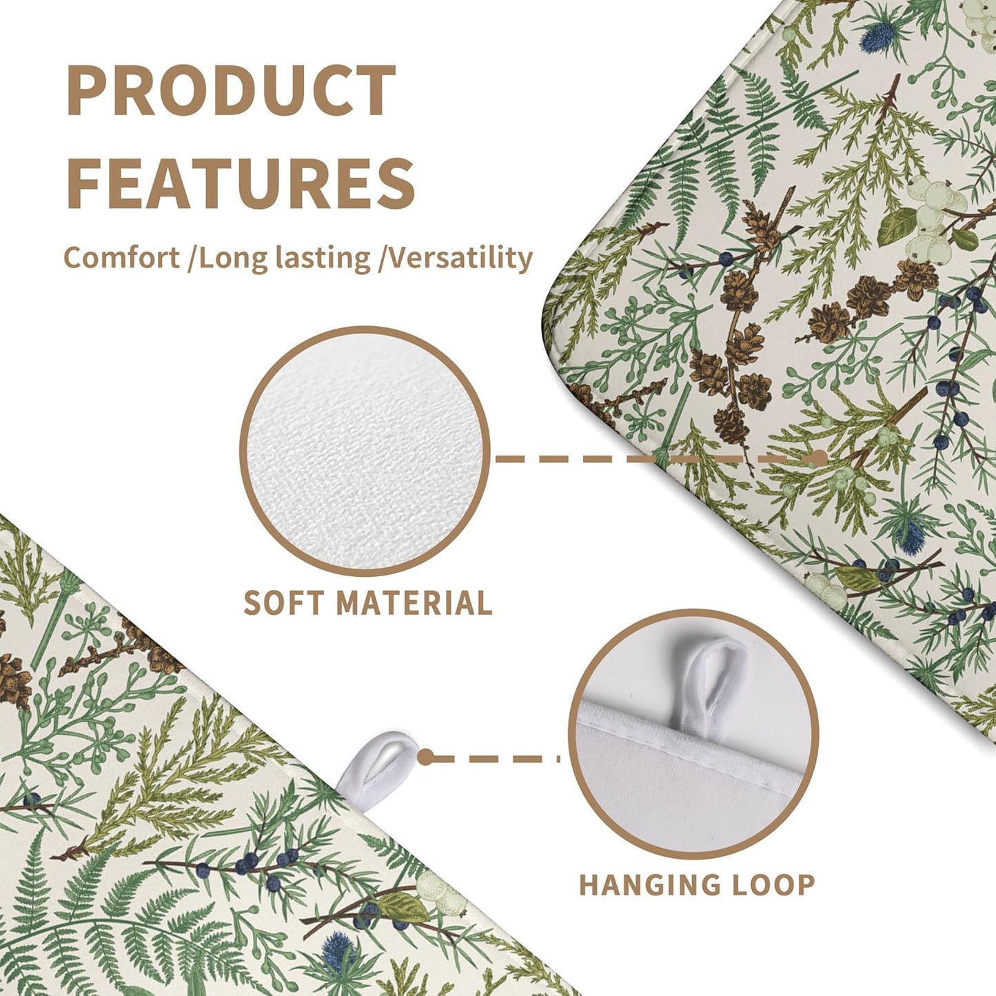 Sage Green Botanical Floral Dish Drying Mat for Kitchen Counter Vintage Herbs Fern Leaves Plant Drying Mats Absorbent Microfiber Dishes Drainer Mats Washable Dish Draining Pad Extra Large 18"x24"